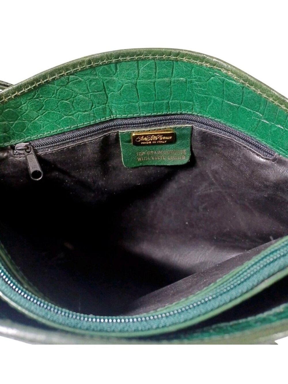 Saks Fifth Avenue Green Leather Croc Crossbody Bag Handbag Vintage Made In Italy - Picture 7 of 7